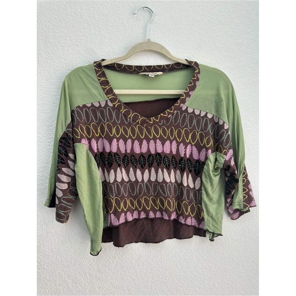 Yak N Yeti Crop Top Leaf Print Green Brown Mixed Media Boho Fairycore Boxy Half